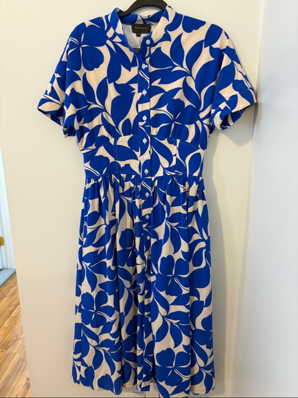 Gracia Blue and Cream Floral Button-Front Midi Dress